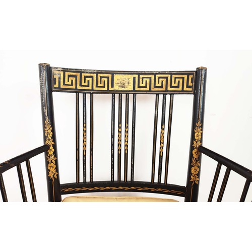 198 - ARMCHAIRS, a pair, Regency ebonised and painted with rush seats and silk squab cushions, 87cm H x 58... 