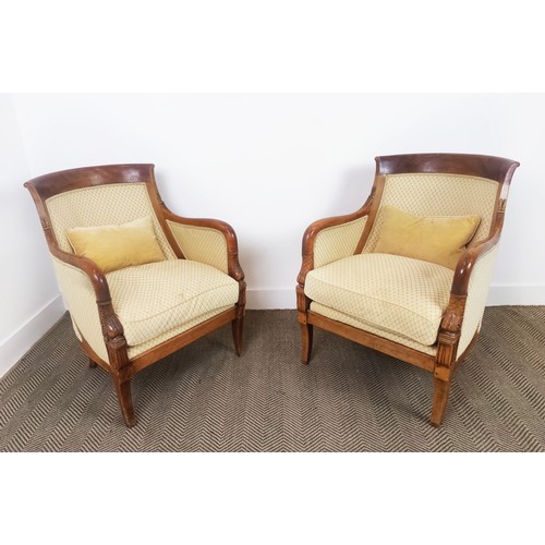 199 - BERGERES, a pair, Empire style in yellow fabric, 85cm H x 64cm W x 66cm D. (2)