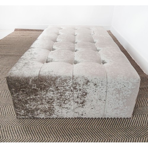 472 - OTTOMAN, buttoned silver fabric upholstered, studded detail, 108cm x 76cm x 36cm.