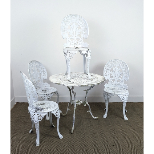 143 - GARDEN TABLE, white painted metal with circular top, 68cm H x 80cm D and a set of four chairs, 86cm ... 