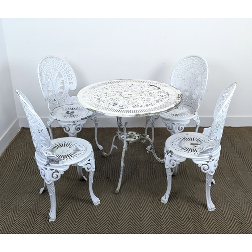 143 - GARDEN TABLE, white painted metal with circular top, 68cm H x 80cm D and a set of four chairs, 86cm ... 