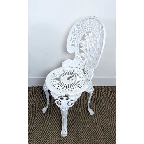 143 - GARDEN TABLE, white painted metal with circular top, 68cm H x 80cm D and a set of four chairs, 86cm ... 