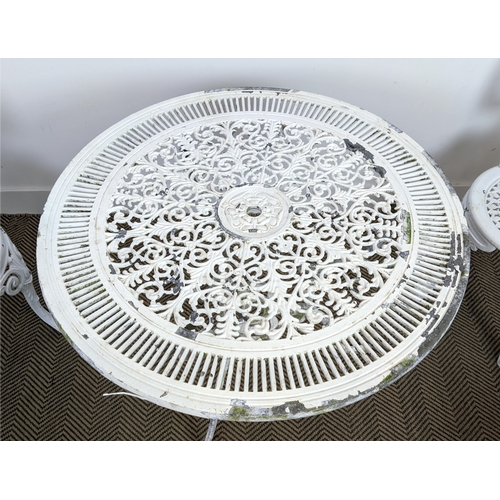 143 - GARDEN TABLE, white painted metal with circular top, 68cm H x 80cm D and a set of four chairs, 86cm ... 