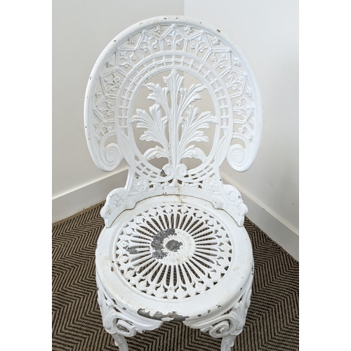 143 - GARDEN TABLE, white painted metal with circular top, 68cm H x 80cm D and a set of four chairs, 86cm ... 