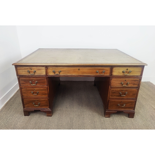 141 - PARTNERS DESK, Victorian mahogany and inlaid with tooled leather top above drawers to one side, thre... 