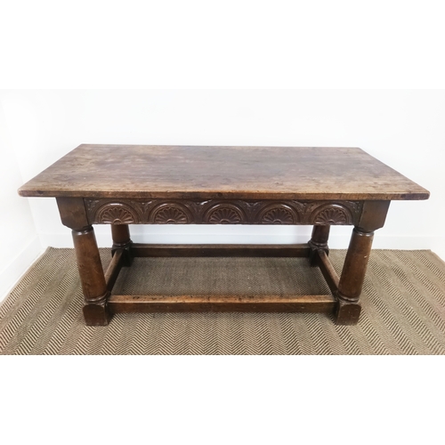 140 - JACOBEAN STYLE OAK REFECTORY TABLE, joined construction, lunette carved frieze barrel turned legs, 8... 