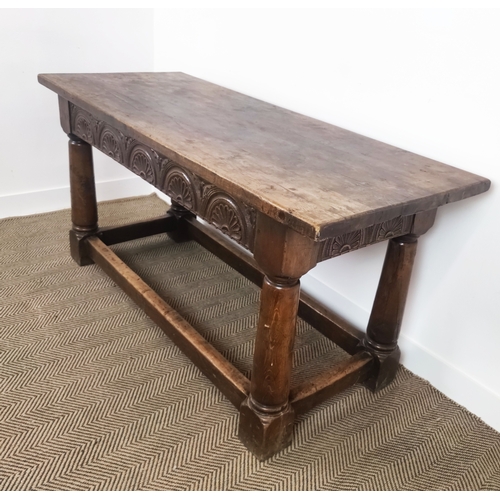 140 - JACOBEAN STYLE OAK REFECTORY TABLE, joined construction, lunette carved frieze barrel turned legs, 8... 