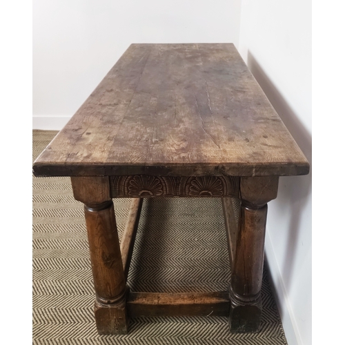 140 - JACOBEAN STYLE OAK REFECTORY TABLE, joined construction, lunette carved frieze barrel turned legs, 8... 