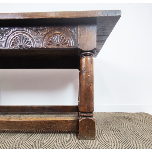 140 - JACOBEAN STYLE OAK REFECTORY TABLE, joined construction, lunette carved frieze barrel turned legs, 8... 