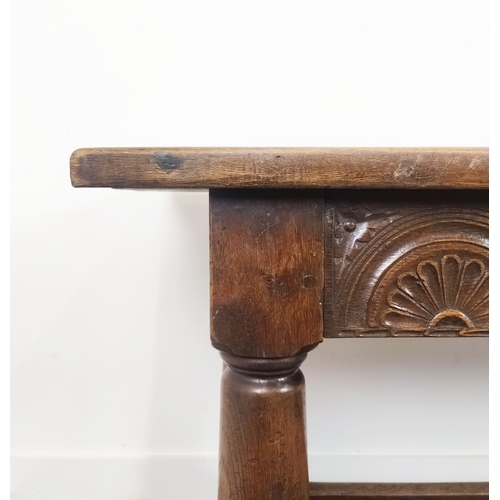 140 - JACOBEAN STYLE OAK REFECTORY TABLE, joined construction, lunette carved frieze barrel turned legs, 8... 