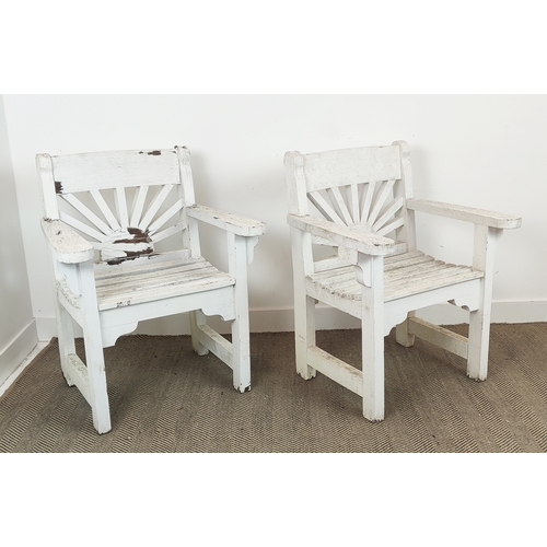 134 - GARDEN ARMCHAIRS, a pair, white painted teak, 95cm H x 75cm W x 67cm D. (2)