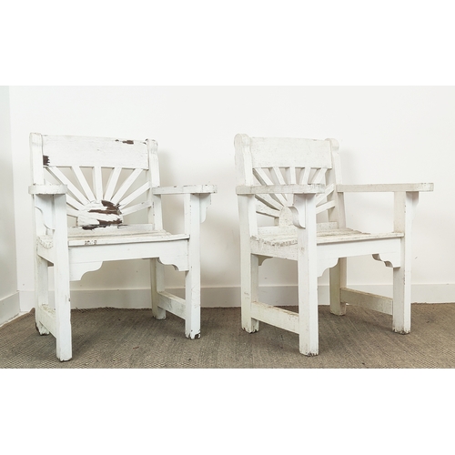 134 - GARDEN ARMCHAIRS, a pair, white painted teak, 95cm H x 75cm W x 67cm D. (2)