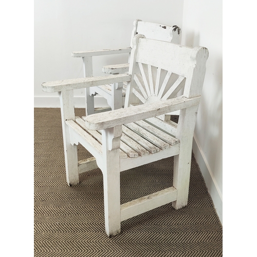 134 - GARDEN ARMCHAIRS, a pair, white painted teak, 95cm H x 75cm W x 67cm D. (2)