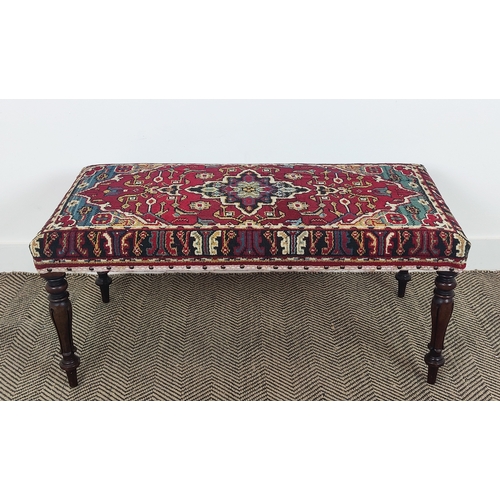 135 - STOOL, part William IV mahogany with carpet upholstery, 43cm H x 100cm W x 20cm D.