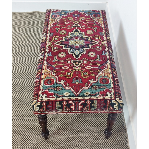 135 - STOOL, part William IV mahogany with carpet upholstery, 43cm H x 100cm W x 20cm D.