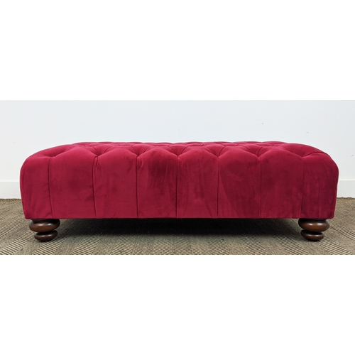 137 - HEARTH STOOL, buttoned red velvet, 35cm H x 119cm W x 68cm D.