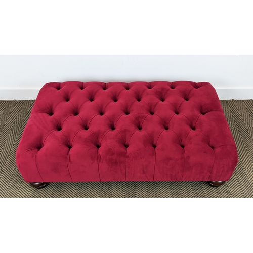 137 - HEARTH STOOL, buttoned red velvet, 35cm H x 119cm W x 68cm D.