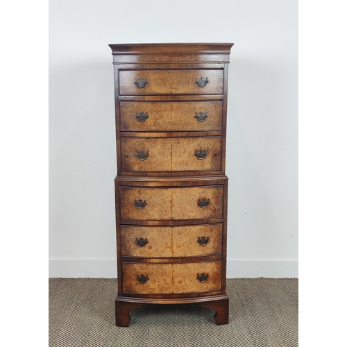 132 - BOWFRONT TALLBOY, Georgian style burr walnut with six drawers, 133cm H x 55cm W x 42cm D.