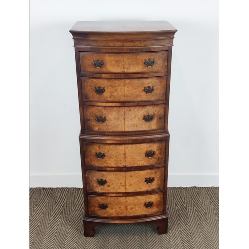 132 - BOWFRONT TALLBOY, Georgian style burr walnut with six drawers, 133cm H x 55cm W x 42cm D.