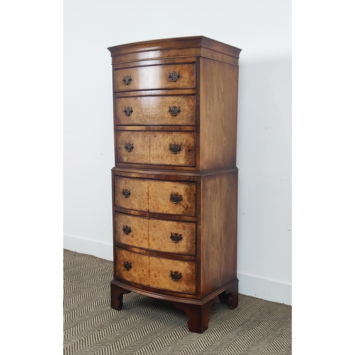 132 - BOWFRONT TALLBOY, Georgian style burr walnut with six drawers, 133cm H x 55cm W x 42cm D.