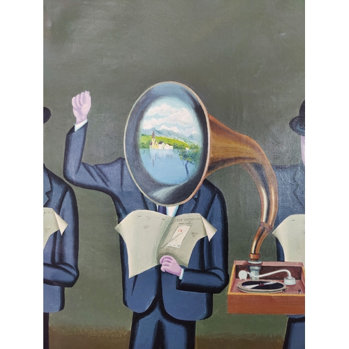 23 - 20TH CENTURY SCHOOL, 'Surrealist figures', oil on canvas, 88cm x 100cm, framed.