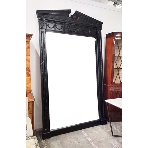 471 - MIRROR, ebonised oak frame, classical style, broken pediment, swag decoration to frieze 270cm H x 16... 