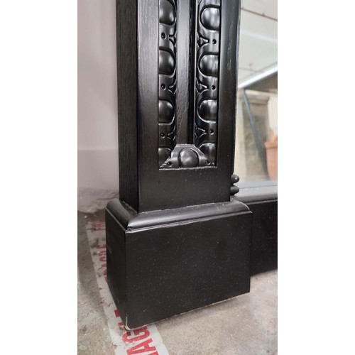 471 - MIRROR, ebonised oak frame, classical style, broken pediment, swag decoration to frieze 270cm H x 16... 