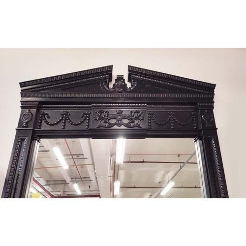 471 - MIRROR, ebonised oak frame, classical style, broken pediment, swag decoration to frieze 270cm H x 16... 