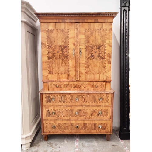 194 - CABINET ON CHEST, 18th century German walnut and inlaid of two doors enclosing six drawers above fou... 