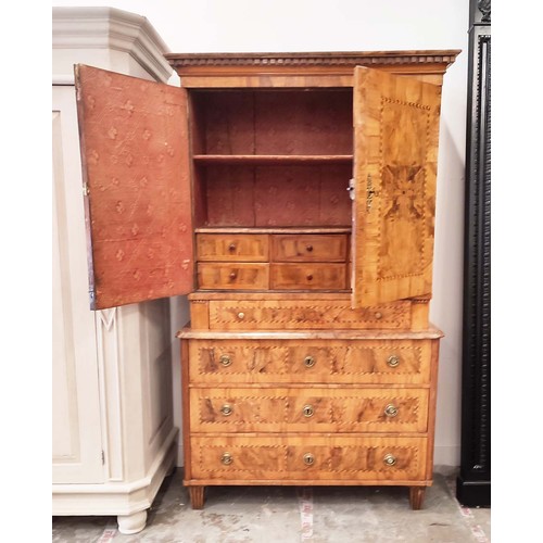 194 - CABINET ON CHEST, 18th century German walnut and inlaid of two doors enclosing six drawers above fou... 