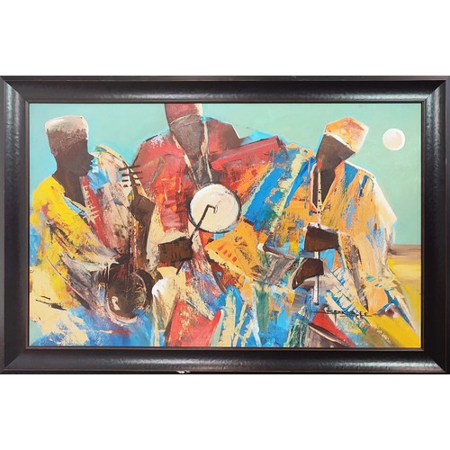 85A - SAM KOBEE (Ghana), 'Musicians-The third trio', oil on canvas, 75cm x 120cm, signed and framed.