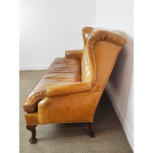 170 - WING SOFA, Georgian style, tan leather, 105cm H x 182cm W.