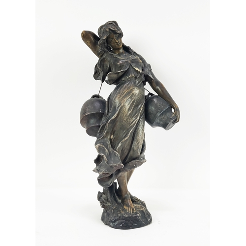 174 - A BRONZED GOLDSCHEIDER PLASTER FIGURE OF A MAIDEN WITH AMPHORA, 61cm H.