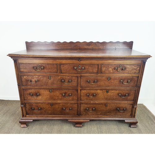 175 - GEORGE III MAHOGANY LANCASHIRE MULE CHEST, lidded section to top, fitted with five dummy and four re... 