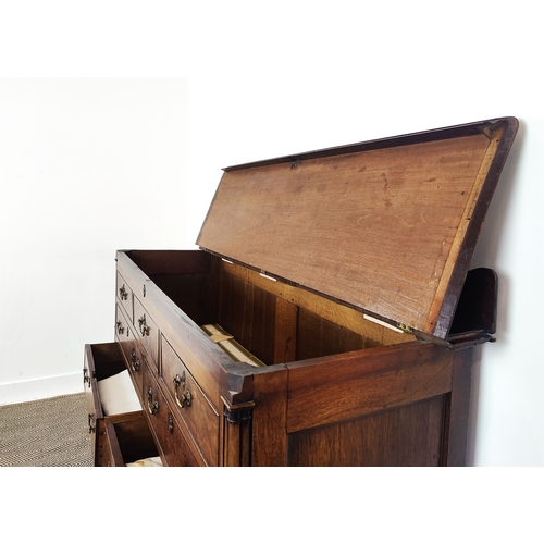 175 - GEORGE III MAHOGANY LANCASHIRE MULE CHEST, lidded section to top, fitted with five dummy and four re... 