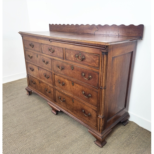 175 - GEORGE III MAHOGANY LANCASHIRE MULE CHEST, lidded section to top, fitted with five dummy and four re... 