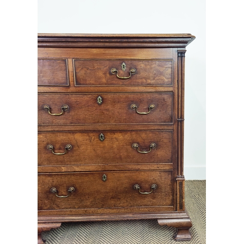 175 - GEORGE III MAHOGANY LANCASHIRE MULE CHEST, lidded section to top, fitted with five dummy and four re... 