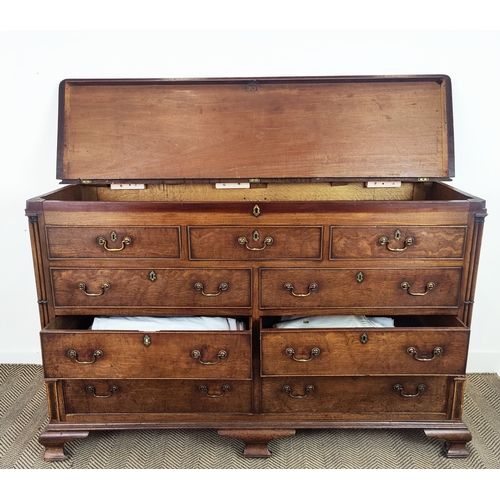 175 - GEORGE III MAHOGANY LANCASHIRE MULE CHEST, lidded section to top, fitted with five dummy and four re... 