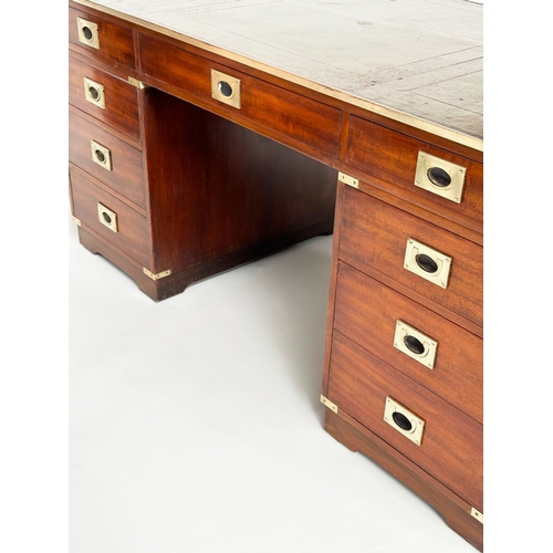 193 - CAMPAIGN STYLE DESK, mahogany and brass bound with tooled leather writing surface, twin pedestals an... 