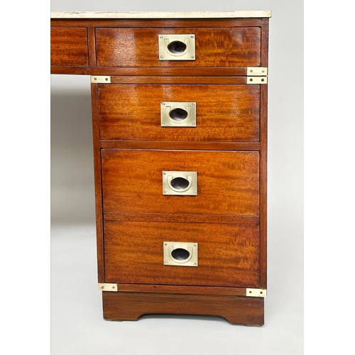 193 - CAMPAIGN STYLE DESK, mahogany and brass bound with tooled leather writing surface, twin pedestals an... 