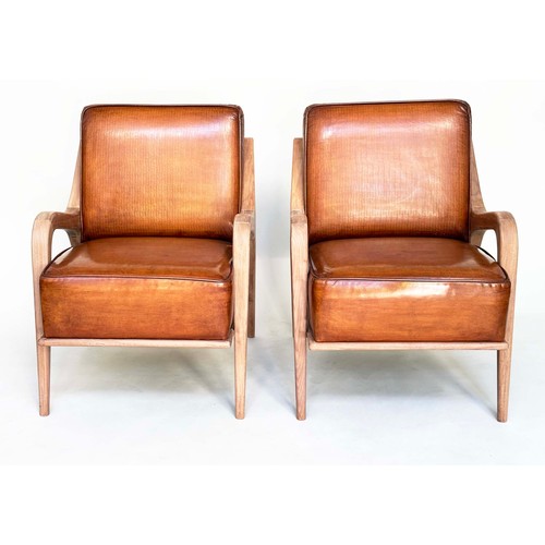 257 - ARMCHAIRS, a pair, 1960s Danish style, soft tan brown leather upholstery, 62cm W. (2)