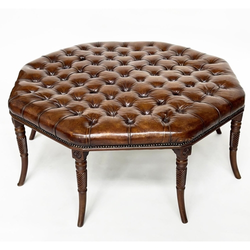 514 - CENTRE STOOL, Regency style octagonal buttoned soft natural antique brown leather upholstered, with ... 