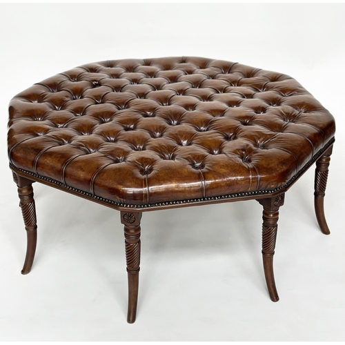 514 - CENTRE STOOL, Regency style octagonal buttoned soft natural antique brown leather upholstered, with ... 