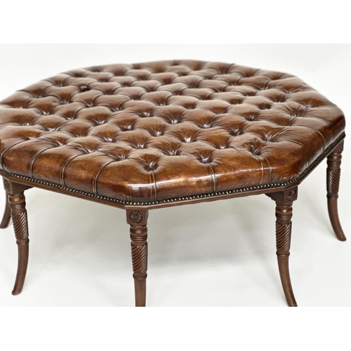 514 - CENTRE STOOL, Regency style octagonal buttoned soft natural antique brown leather upholstered, with ... 