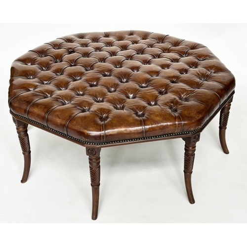 514 - CENTRE STOOL, Regency style octagonal buttoned soft natural antique brown leather upholstered, with ... 