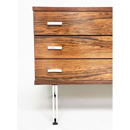 513 - CHEST OF DRAWERS, vintage with three drawers and chromed supports, 100cm x 53cm x 68cm H.