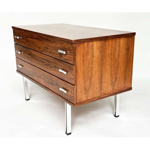 513 - CHEST OF DRAWERS, vintage with three drawers and chromed supports, 100cm x 53cm x 68cm H.