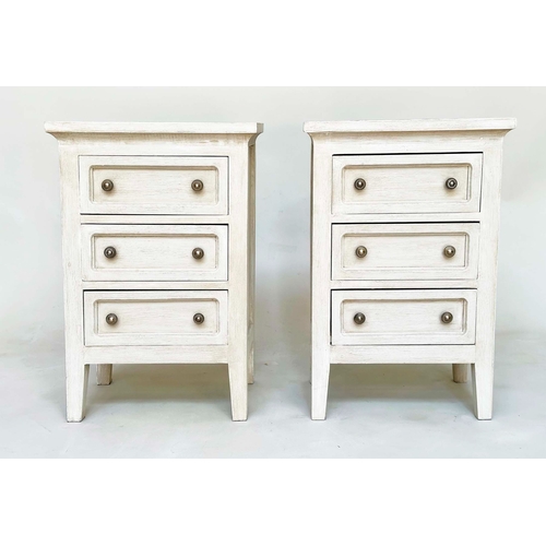 100 - BEDSIDE CHESTS, a pair, French style traditionally grey painted, each with three drawers, 43cm x 65c... 