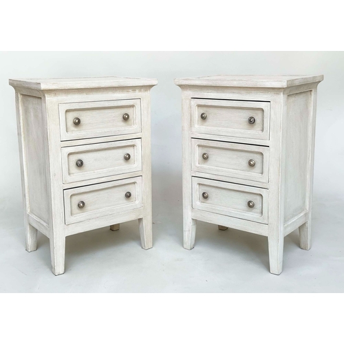 100 - BEDSIDE CHESTS, a pair, French style traditionally grey painted, each with three drawers, 43cm x 65c... 