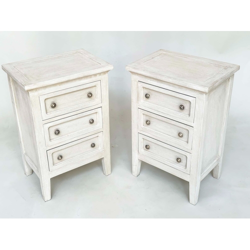 100 - BEDSIDE CHESTS, a pair, French style traditionally grey painted, each with three drawers, 43cm x 65c... 